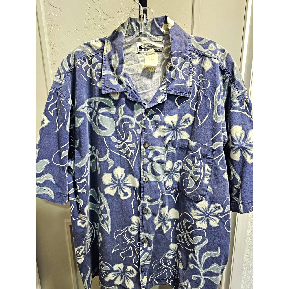 Vintage Quiksilver Men Blue White Hawaiian Shirt Floral Tropical Aloha XL